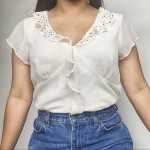 Vintage Karin Stevens Cream Ruffle Beaded Blouse